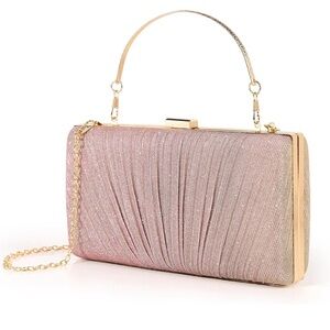 Kseymeir Pink & Gold Clutch Purse for Women | Pleated Evening Hangbag with Chain
